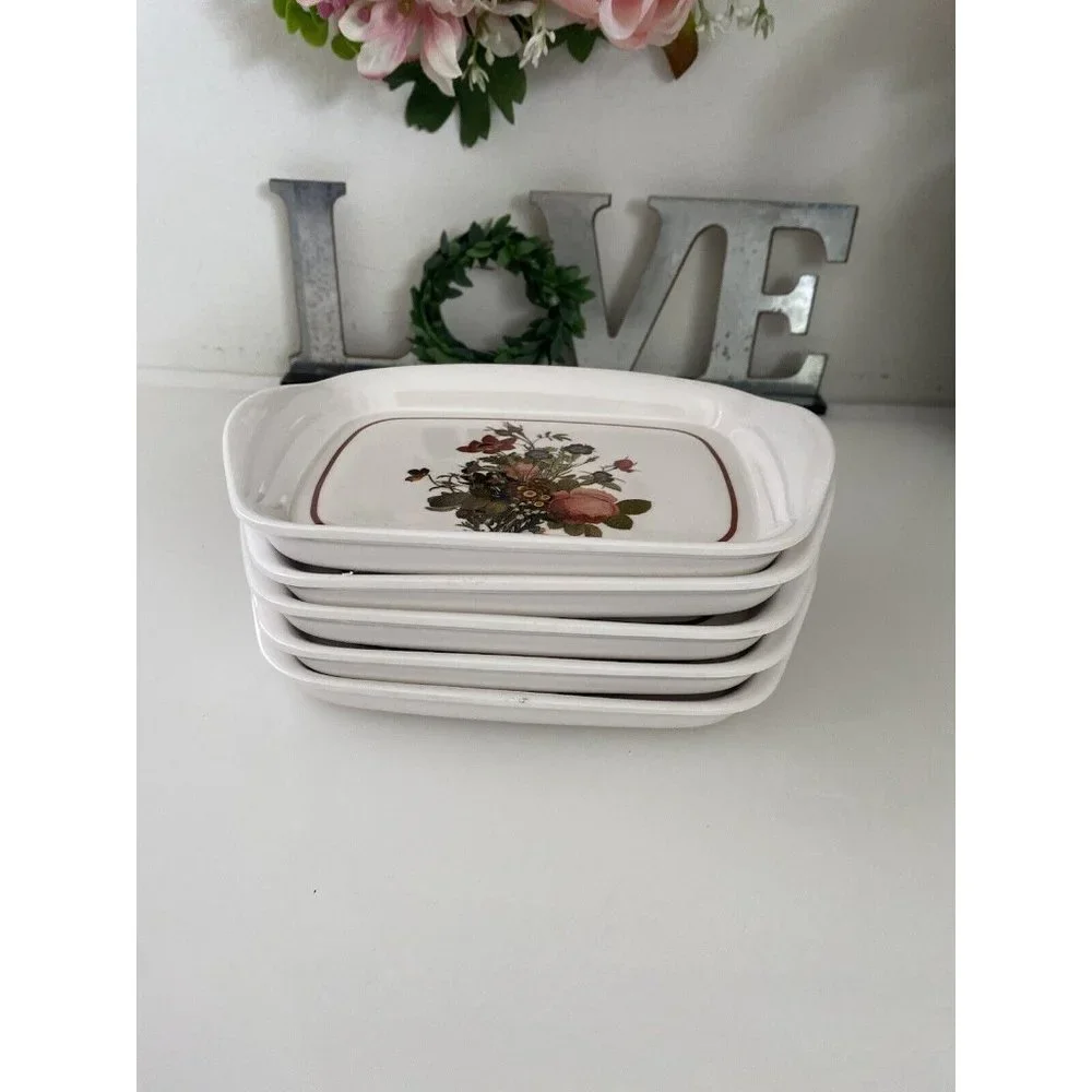 Vintage Set of Five 5 Mini Trays Or Plates Flowered Ceramic Glass  7